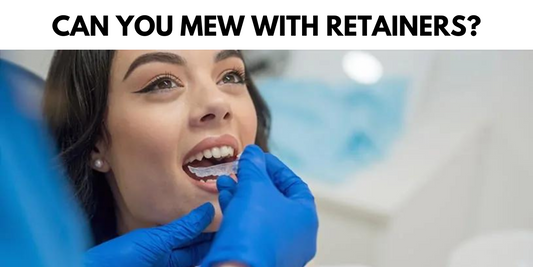 Dentist fitting a retainer in a patient’s mouth, with a caption questioning the compatibility of mewing with retainers.