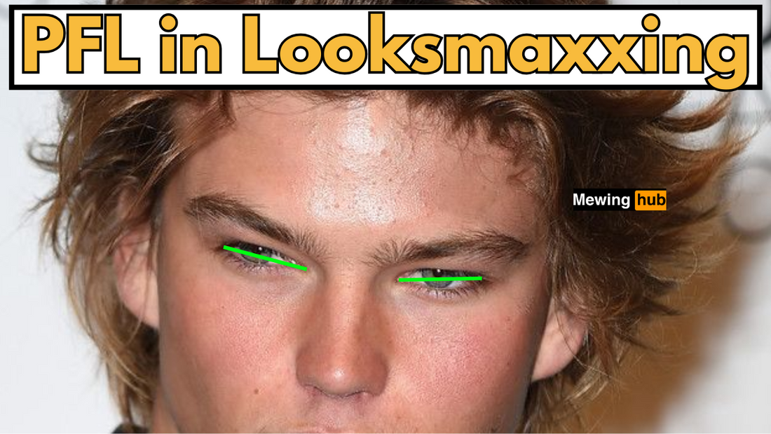 a close up picture of a male models face and eyes with text saying pfl in looksmaxxing.