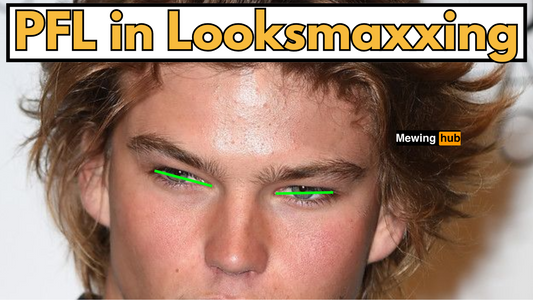 a close up picture of a male models face and eyes with text saying pfl in looksmaxxing.