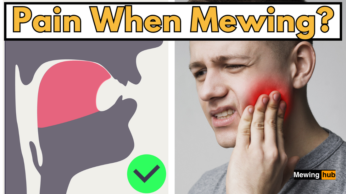 picture of a man holding his jaw in pain with a diagram showing mewing and text saying pain when mewing.