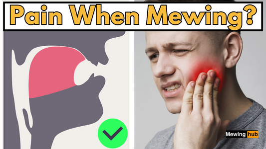 picture of a man holding his jaw in pain with a diagram showing mewing and text saying pain when mewing.