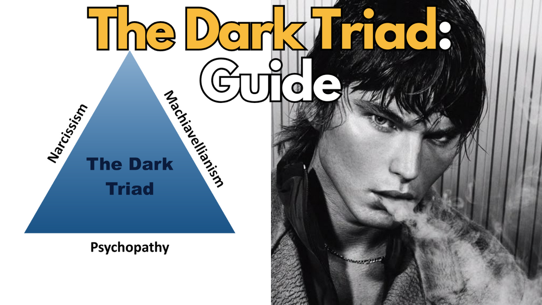 Image showing the dark triad triangle with male model jordan barrett, and text saying the dark triad: guide