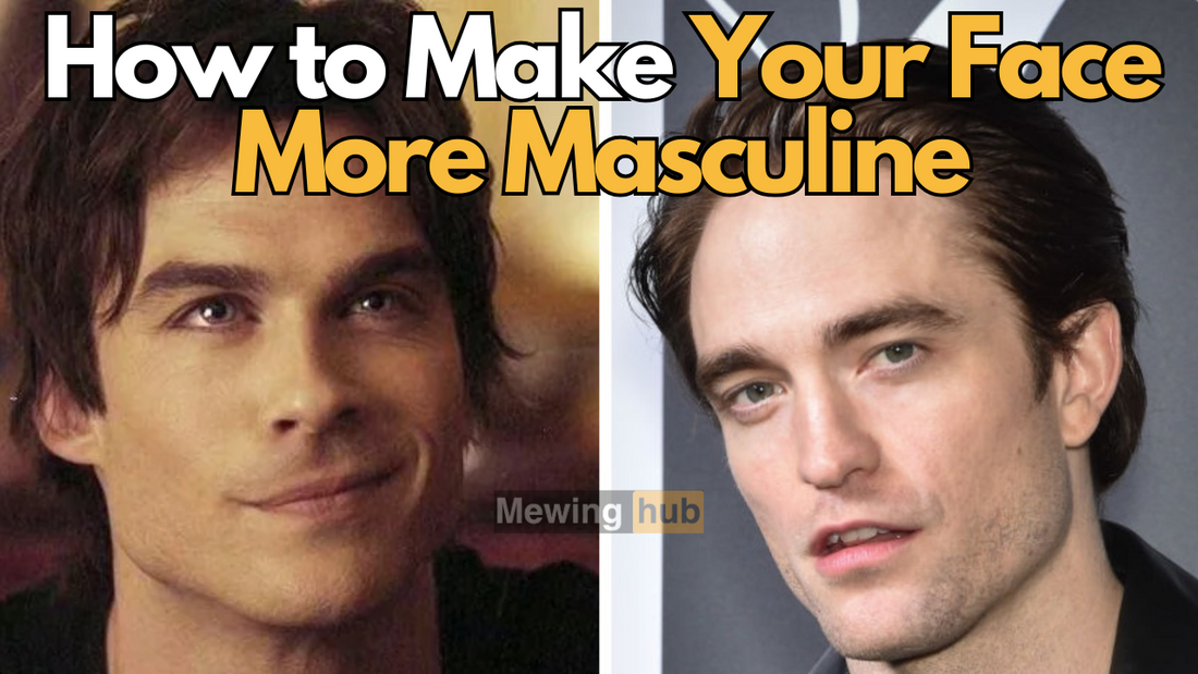 two images of attractive male actors with text saying how to make your face more masculine.