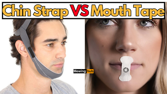 Pictures of people wearing a chin strap and mouth tape with text saying chin strap vs mouth tape