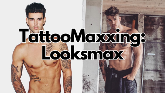 two images of shirtless men with tattoos with text saying tattoomaxxing: looksmax