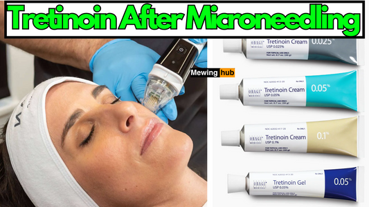 pictures of tretinoin cream and a woman getting microneedling treatment, with text saying tretinoin after microneedling.