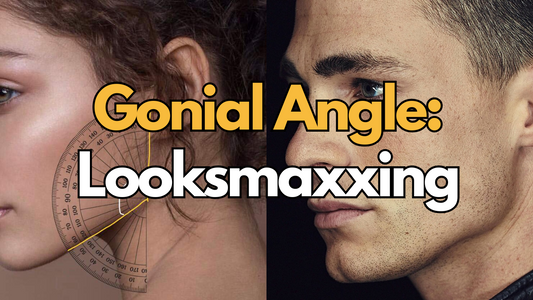 image of a man and women with strong jawlines with text saying gonial angle looksmaxxing