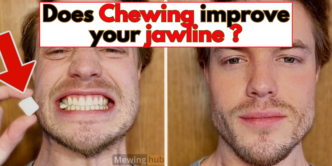 Before and after photos of a man chewing, demonstrating improved jawline definition.