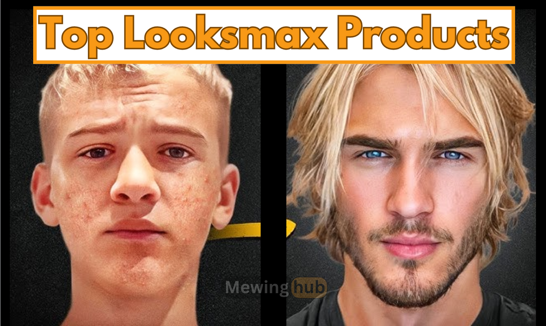before and after looksmaxxing transformation with text saying top looksmax products.