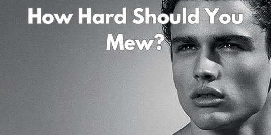 Promotional image questioning 'How Hard Should You Mew?' with a portrait of a young man, aimed at discussing mewing techniques.