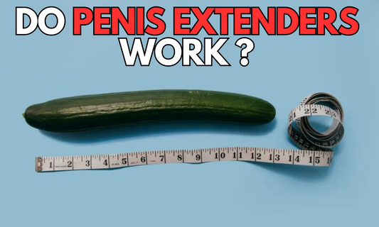 An image of a cucumber and a measuring tape signifying a penis, with the text "do penis extenders work?"