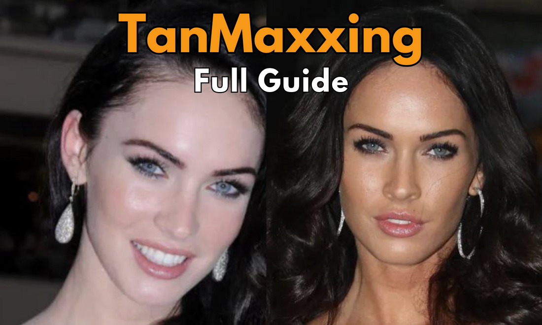 TanMaxxing full guide banner showing a woman before and after tanning, showing increased attractiveness.