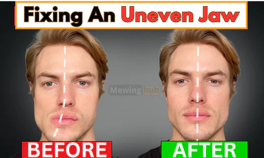 Images of a before and after of a man that fixed his uneven jaw