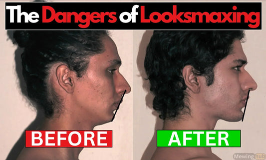 Before and after looksmaxing results, with a text mentioning the dangers of looksmaxing