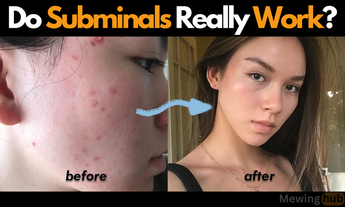 Before and after comparison questioning subliminal effectiveness, showing clear skin transformation from acne-ridden to flawless.