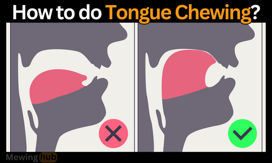 Illustration showing correct and incorrect techniques for tongue chewing, highlighting proper tongue placement for effective mewing practice.