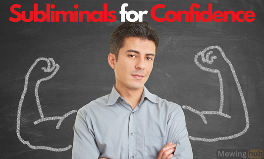 Confident man with arms crossed and chalk-drawn muscles, with text 'Subliminals for Confidence' highlighting the benefits of subliminal messaging.