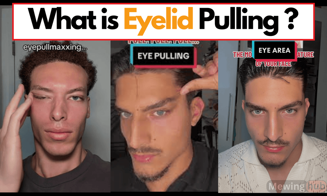 Three men demonstrating eyelid pulling a new Looksmaxing technique with text 'What is Eyelid Pulling?'