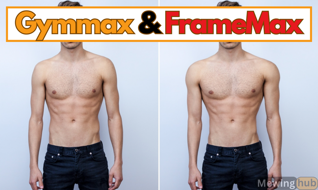 Comparison of a man's physique before and after gymmaxing, showcasing increased muscle mass and a wider frame.