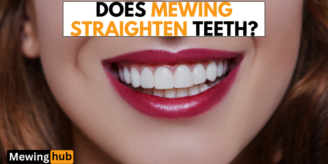 Close-up of a smiling woman's straight teeth with the text "Does Mewing Straighten Teeth?" highlighting the potential dental benefits of mewing.