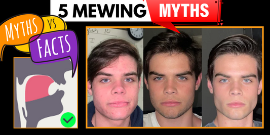 Comparison of before and after mewing effects debunking common myths with a visual of myths vs facts checklist.