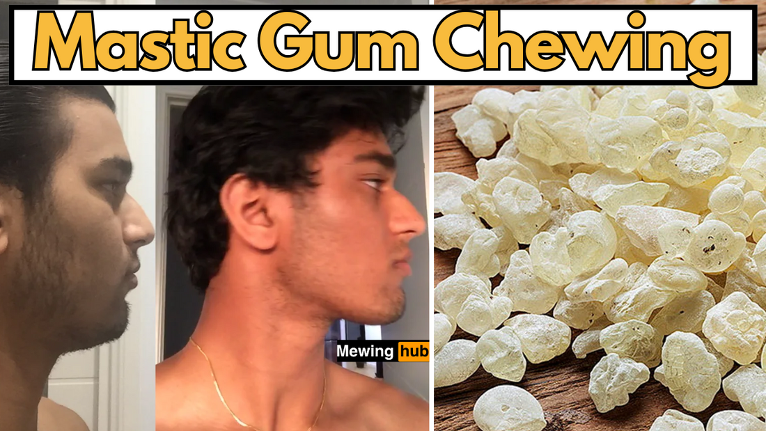 before and after pictures of a man who changed his face from chewing and a picture of mastic gum with text saying mastic gum chewing.