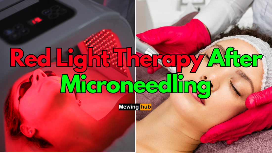 pictures of a woman in red light therapy and a woman getting microneedling with text saying red light therapy after microneedling