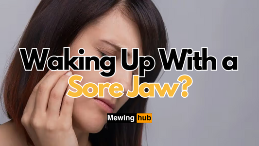 A picture of a woman touching her jaw in pain with text saying waking up with a sore jaw.