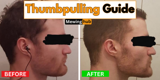 Before and after profile views of a man demonstrating the effects of thumbpulling, featured in a Mewing Hub guide.