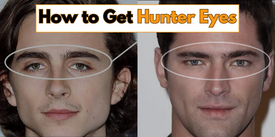 Comparison image showing two men with hunter eyes, highlighting the horizontal orientation and minimal upper eyelid exposure that define the desired eye shape.