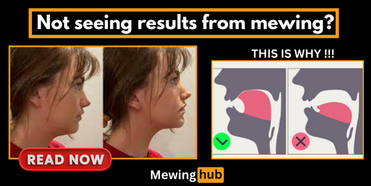 Comparison image showing a side profile of a woman not seeing results from mewing, next to diagrams illustrating correct versus incorrect tongue posture for mewing.