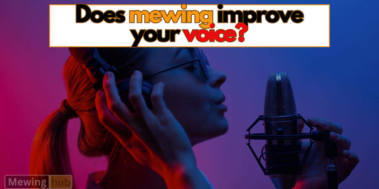 Woman singing into a microphone with text 'Does mewing improve your voice?' highlighting the potential vocal benefits of mewing.