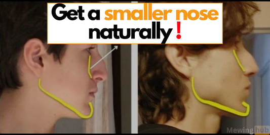 Before and after photos showing the effects of mewing on facial structure, with text 'Get a smaller nose naturally!' emphasizing nasal appearance changes
