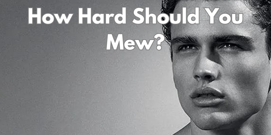 Promotional image questioning 'How Hard Should You Mew?' with a portrait of a young man, aimed at discussing mewing techniques.