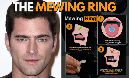 Instructional image of the Mewing Ring, a device that trains correct tongue positioning for mewing, shown with steps for proper use and a model demonstrating ideal jawline.