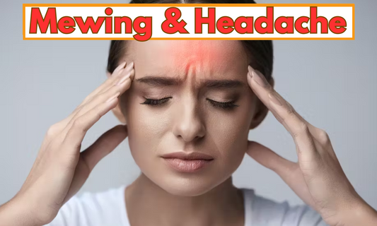 a girl holding her head with a text saying mewing and headache