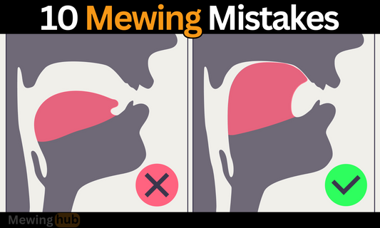 10 Reasons WComparison diagram illustrating ten common mewing mistakes, showing incorrect and correct tongue positions in profile views, highlighting optimal mewing practices to improve facial structure.hy you Aren't Seeing Mewing Results !