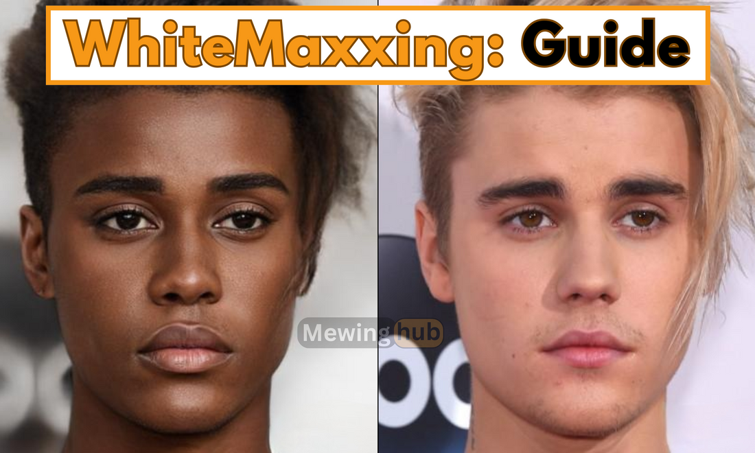 Image showing justin bieber with different skin colours with text saying whitemaxxing guide