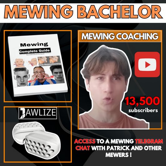 A banner showing the mewing bachelor, a bundle that offers a mewing course, mewing tools and coaching with a youtuber.